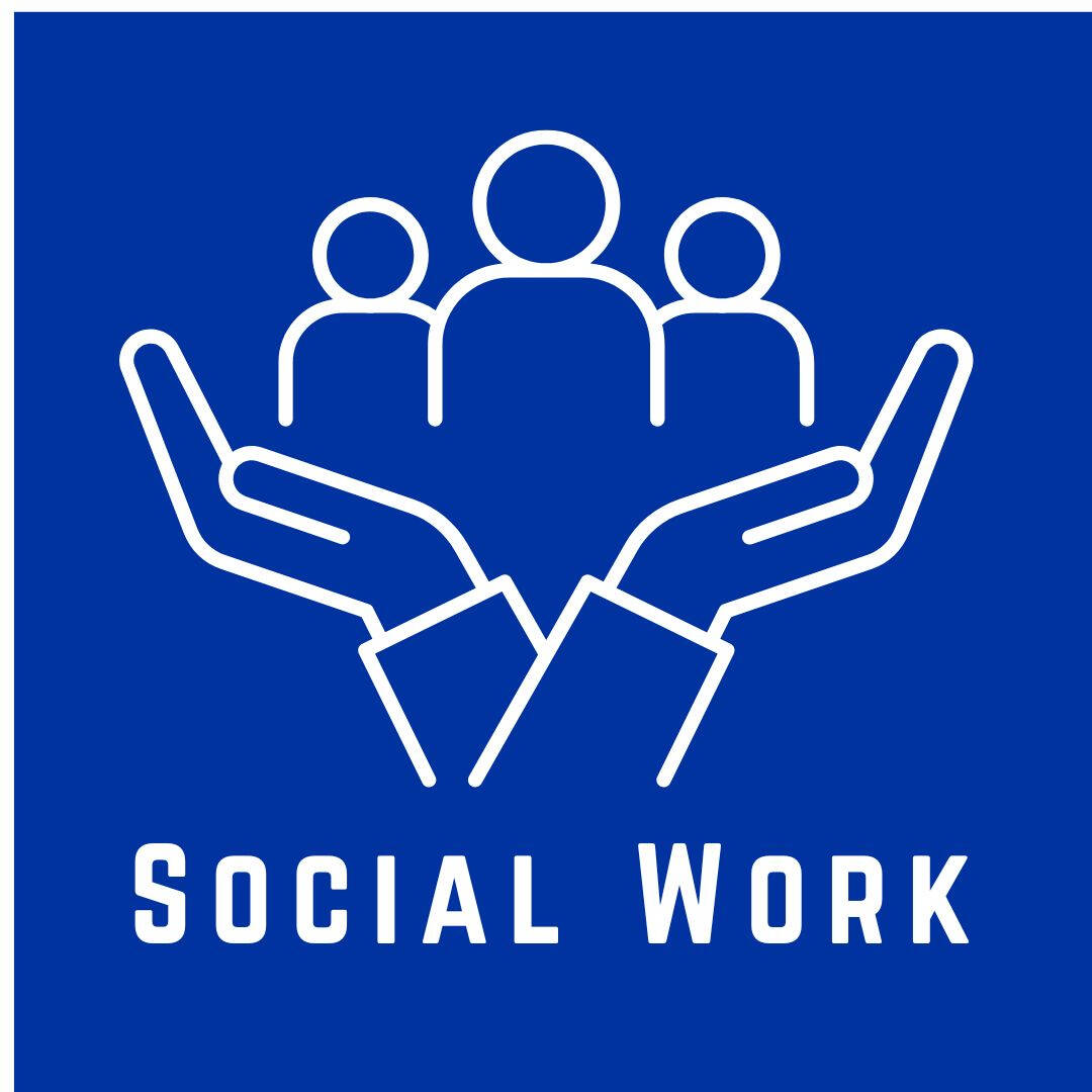 blue logo for social work major, image is a drawing of hands holding up group of people